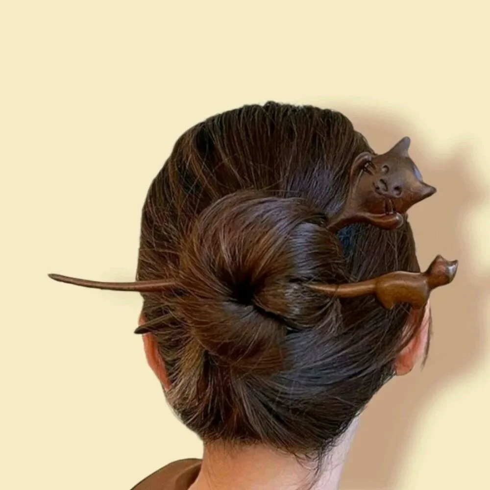 Wood Cat Face & Body Stick Chinese Style Women Hairpin Headwear Hair Fork Set 2